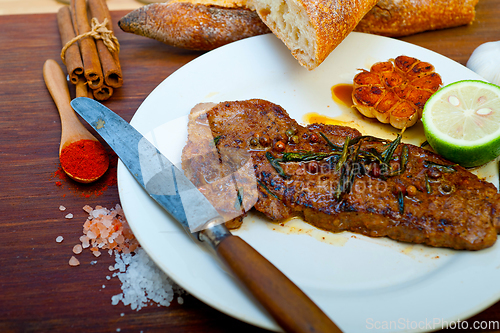 Image of roasted grilled ribeye beef steak butcher selection