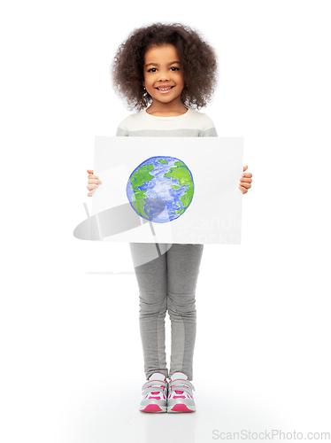 Image of smiling girl holding drawing of earth planet