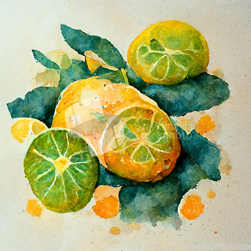 Image of Fresh citrus fruits. Watercolor citrus, lime, orange, lemon whol