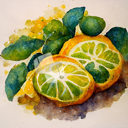 Image of Fresh citrus fruits. Watercolor citrus, lime, orange, lemon whol