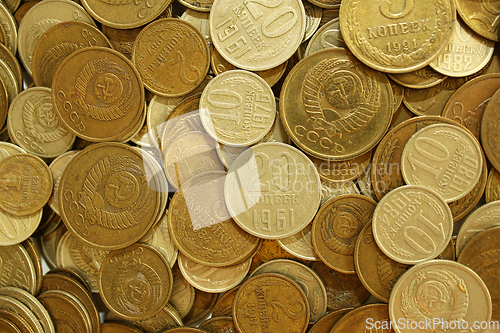 Image of Soviet union coins background. Metal money of USSR.