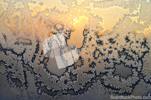 Image of Beautiful ice pattern and bright sunlight on winter glass