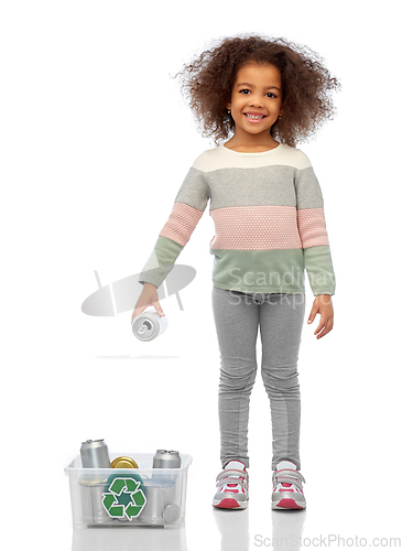 Image of happy african american girl sorting metallic waste