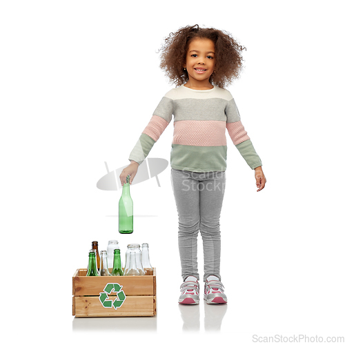 Image of smiling girl with wooden box sorting glass waste