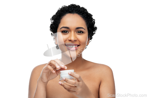 Image of young african american woman with moisturizer