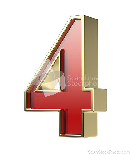 Image of Number four with golden frame and red glass