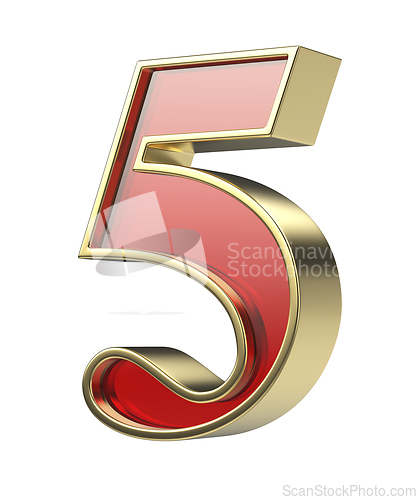 Image of Number five with golden frame and red glass