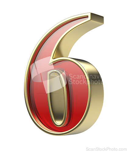 Image of Number six with golden frame and red glass