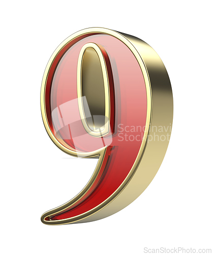 Image of Number nine with golden frame and red glass