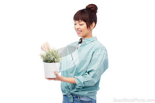 Image of happy smiling asian woman holding flower in pot