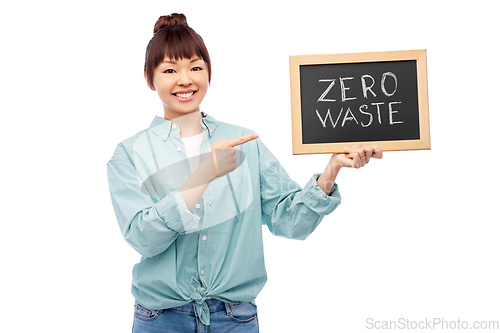 Image of asian woman holds chalkboard with zero waste words