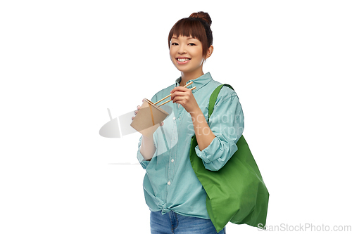 Image of asian woman with reusable bag for food and wok