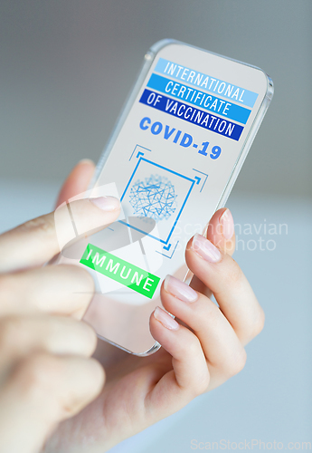 Image of hand holding phone with certificate of vaccination