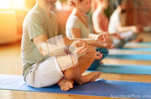 Image of group of people making yoga exercises at studio