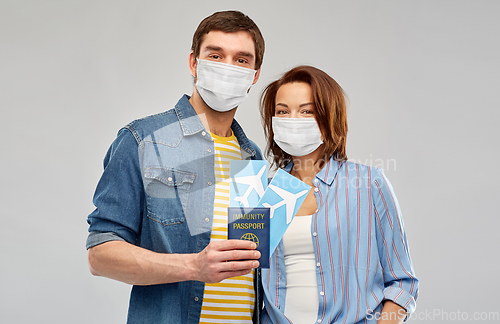 Image of couple in masks with tickets and immunity passport