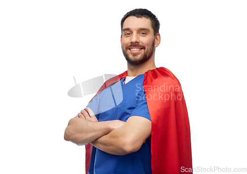 Image of smiling doctor or male nurse in superhero cape