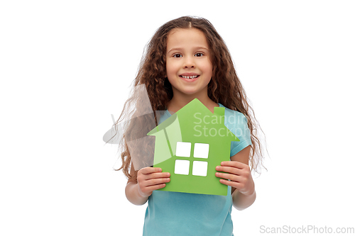 Image of smiling little girl holding green house icon