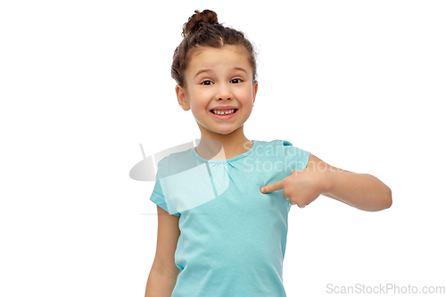 Image of happy smiling girl pointing finger to herself