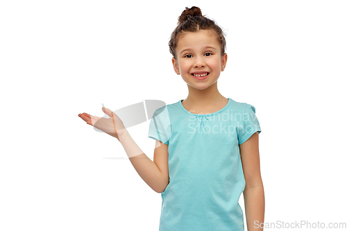 Image of happy smiling girl holding something imaginary