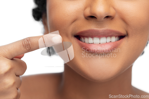 Image of close up of face of smiling african american woman