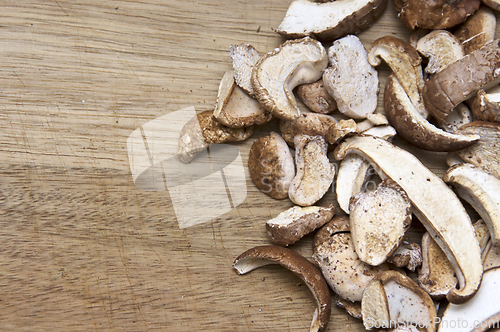 Image of closeup dried birch polypore on cutting board with copy space