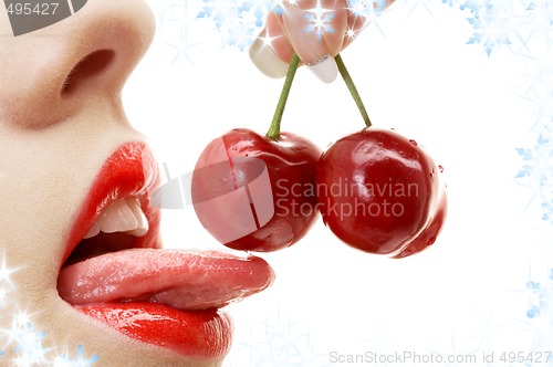 Image of cherry, lips and tongue