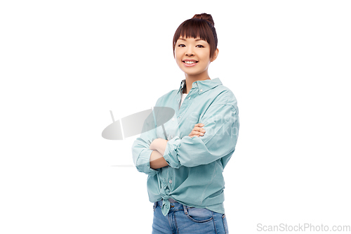 Image of happy asian woman over white background