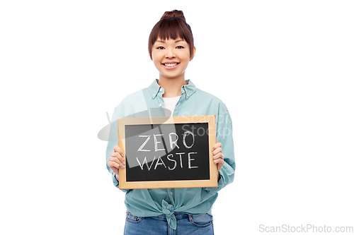 Image of asian woman holds chalkboard with zero waste words