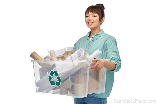 Image of happy smiling asian woman sorting paper waste