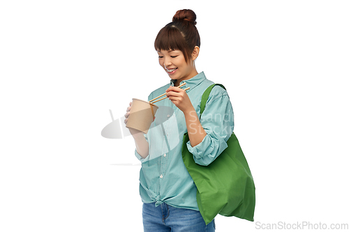 Image of asian woman with reusable bag for food and wok