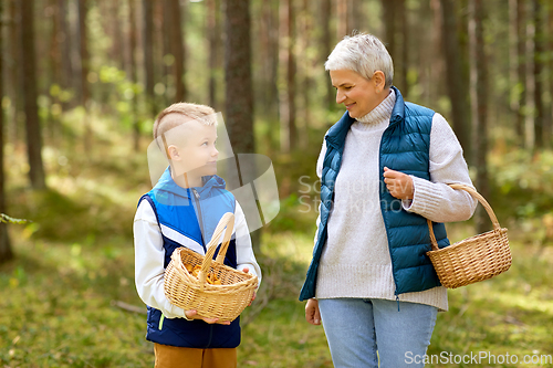 Image of grandmother and grandson with mushrooms in forest