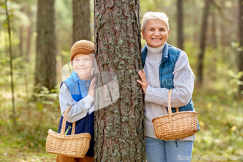 Image of grandmother and grandson with mushrooms in forest