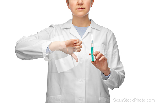 Image of female doctor with syringe showing thumbs down