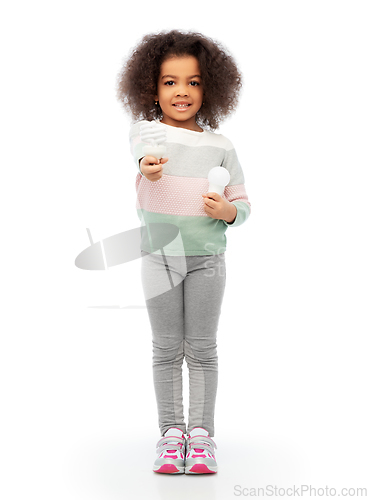 Image of african american girl with different light bulbs