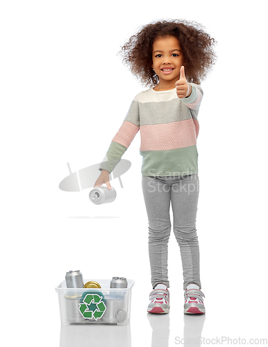 Image of happy african american girl sorting metallic waste