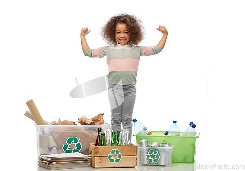 Image of happy girl sorting paper, metal and plastic waste