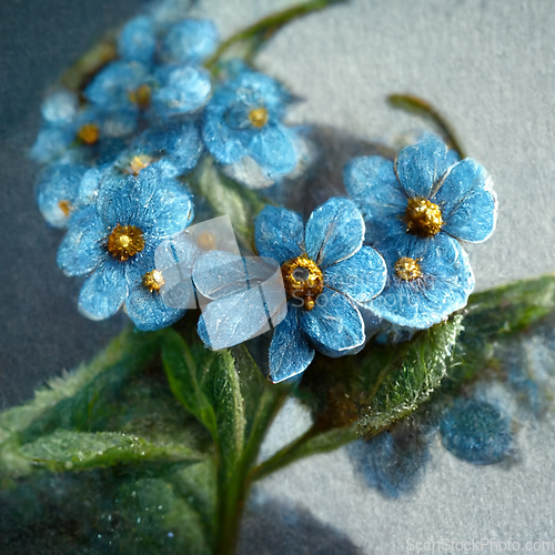 Image of Bunch of small blue forget me not flowers with leaves.