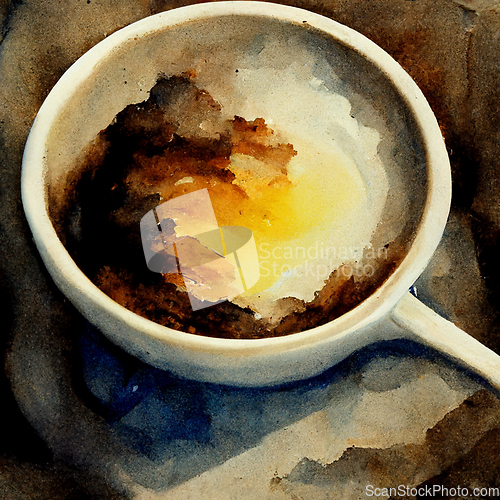 Image of Watercolor drawing ceramic cup of hot coffee with milk or cappuc