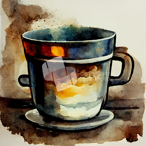 Image of Watercolor drawing ceramic cup of hot coffee with milk or cappuc