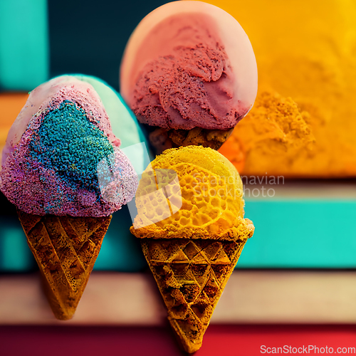 Image of Colorful ice cream cones. Abstract creative summer concept.