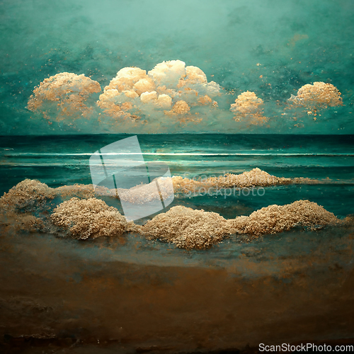 Image of Sea beach landscape. Ocean view panorama, water sand and clouds.