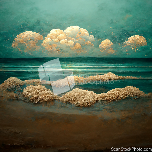 Image of Sea beach landscape. Ocean view panorama, water sand and clouds.