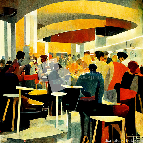 Image of Men and women dressed in elegant clothing sitting at bar, talkin