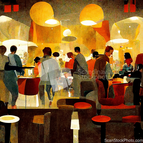 Image of Men and women dressed in elegant clothing sitting at bar, talkin