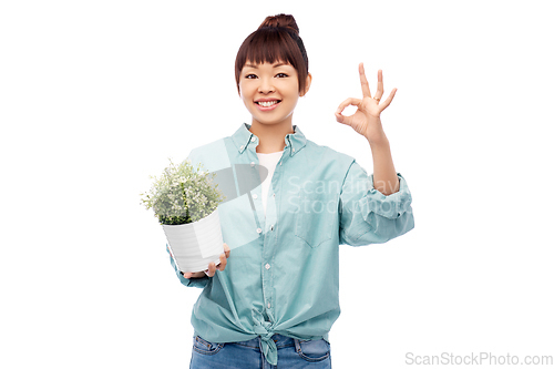 Image of happy smiling asian woman holding flower in pot