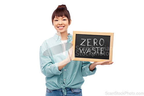 Image of asian woman holds chalkboard with zero waste words