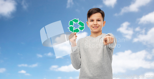 Image of happy boy with recycling sign pointing to you