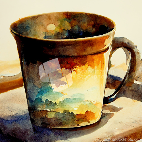 Image of Watercolor drawing ceramic cup of hot coffee with milk or cappuc