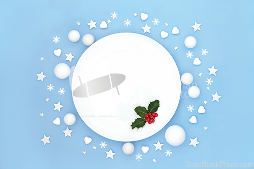 Image of Christmas Dinner Plate with Holly and White Decorations