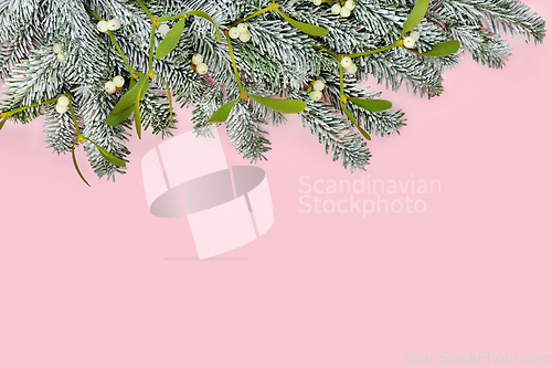 Image of Christmas Snow Fir Tree Mistletoe Pink Background